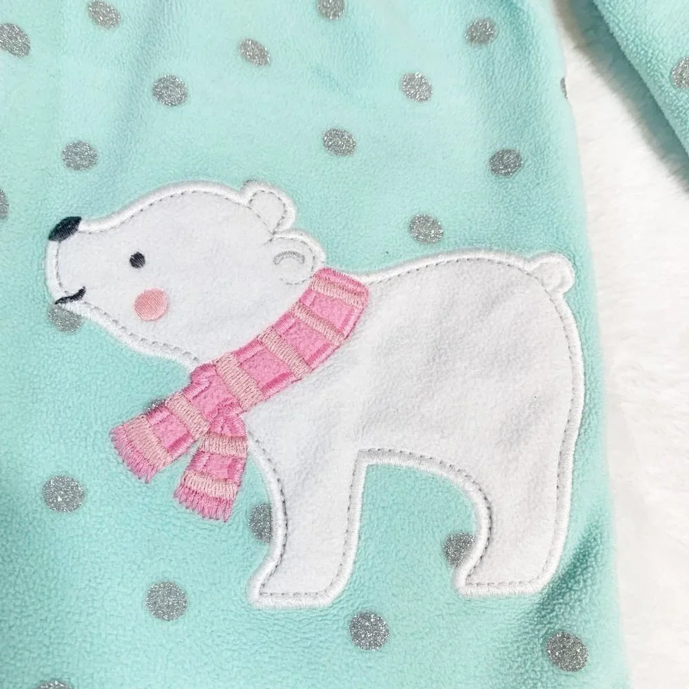 5/$25 Carter's Mint Polar Bear‎ Fleece Hooded Jumpsuit Pajamas Sleeper 6-9M